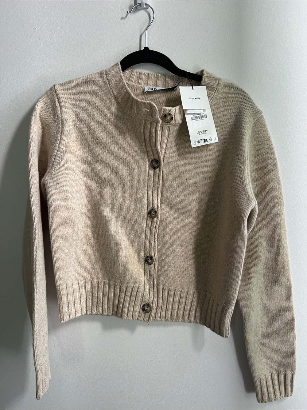 Zara Beige Crewneck Button-Front Wool Cardigan
